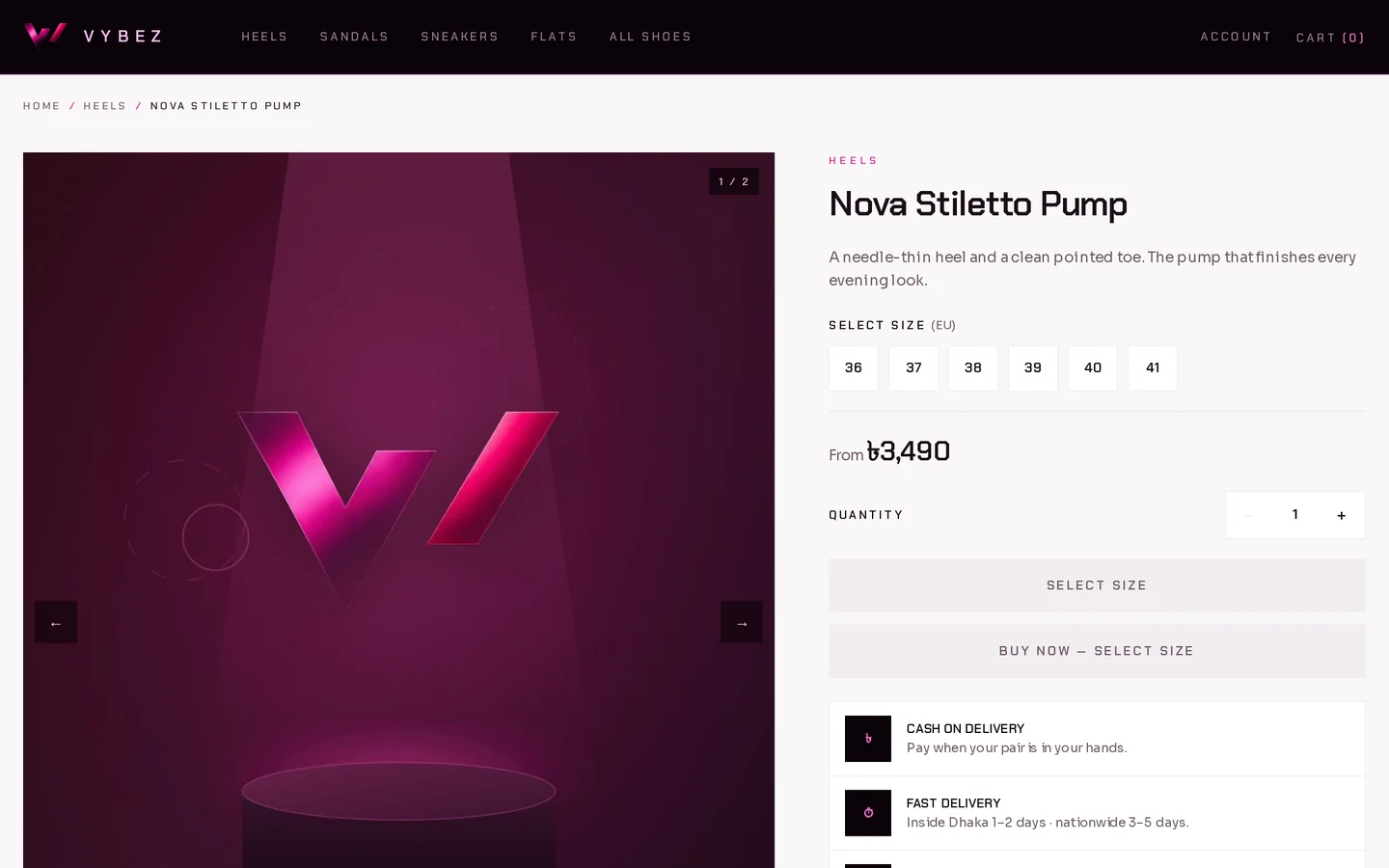 VYBEZ — Product page — EU size run, quantity and Cash on Delivery. Placeholder imagery